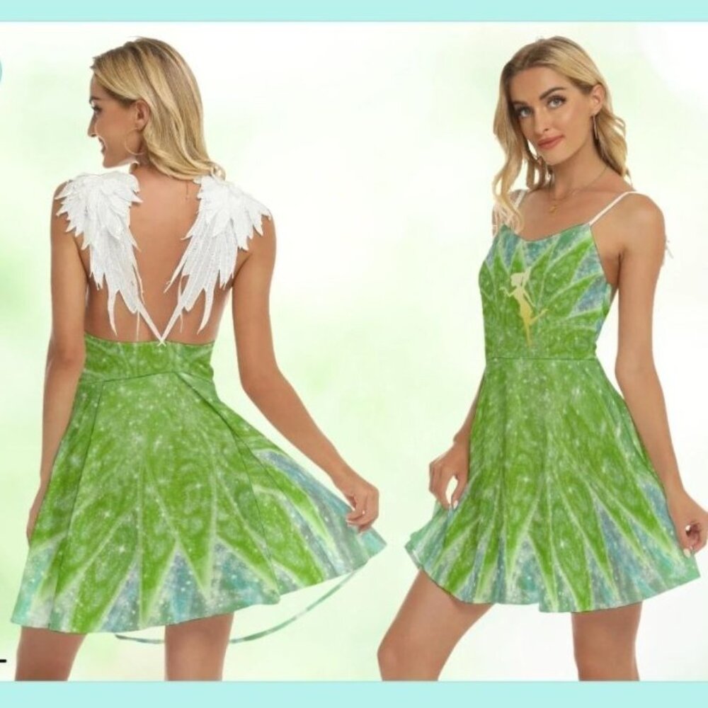 Tinkerbell Green Fairy Dress With Leafy wing Sleeves & Sparkling Small